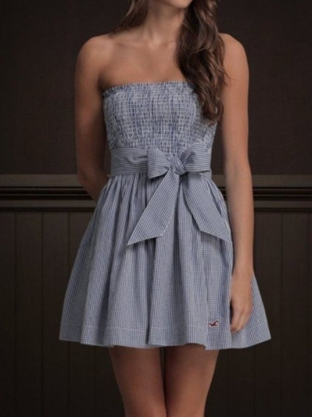 Hollister Blue gingham strapless dress XS